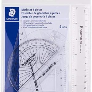 STAEDTLER Math Set - 4 pc Geometry Kit for Students - School Supplies with Clear Protractor, 6in Ruler & 2 Triangles – Metric & Imperial Scales